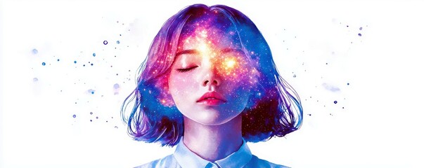 Surreal portrait of a woman with a cosmic galaxy overlay representing imagination and creativity against a white background