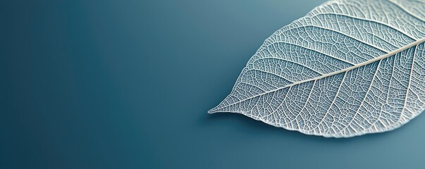 Obraz premium Foliage abstract background idea. A detailed close-up of a leaf showcasing intricate patterns and textures on blue backdrop.