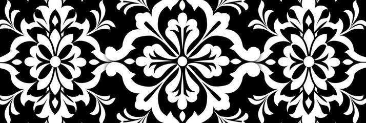 Fototapeta premium Ornate black-and-white damask pattern with floral motifs.