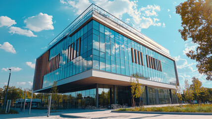 Obraz premium A modern glass office building with sharp, angular lines, reflecting the sky and surrounding cityscape, showcasing sleek architecture and contemporary urban design.