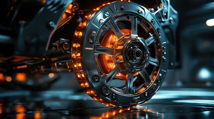 Fototapeta premium Futuristic Motorcycle Wheel: Chrome, Orange Lights, and Precision Engineering