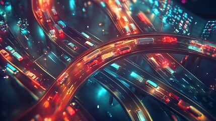 Nighttime Highway Interchange: A Vivid Aerial Photo of City Traffic Flowing Dynamically. AI Generated