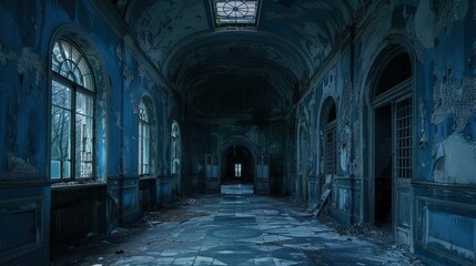 Fototapeta premium Dark, decaying hallway in an abandoned building with blue paint, arched ceilings, and faded murals.