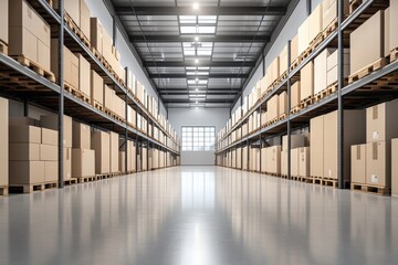 Modern Warehouse Interior with Cardboard Boxes on Shelves