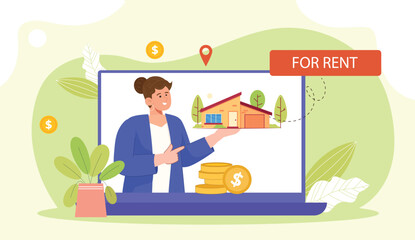 Vibrant graphics showcasing online real estate platforms for renting and purchasing homes.