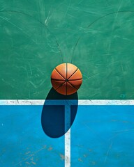 Obraz premium A close-up view of a basketball bouncing on a colorful court during daylight in an outdoor sports facility