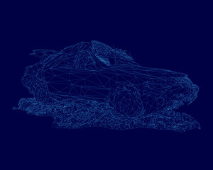 Car is shown in a blue background with a lot of detail. The car is a sports car and is shown in a wet environment. Scene is one of excitement and adventure