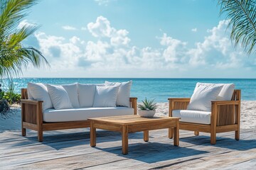 Naklejka premium Outdoor furniture set with sofa, two chairs, and coffee table, natural wood finish and white cushions, beach background, summer collection.