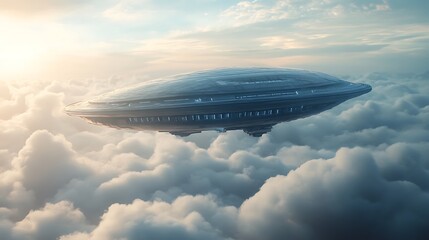 Naklejka premium Stunning Digital Painting: Futuristic Spaceship Gently Hovering Above Cloudscape at Sunrise. AI Generated
