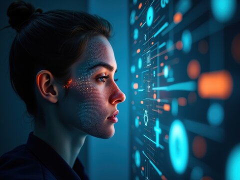 Exploration of data visualization by a woman engaging with digital graphics in a modern workspace