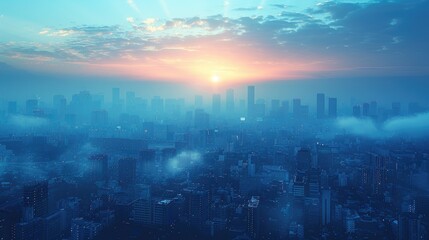 A serene sunrise over a city skyline, casting a soft glow and creating a tranquil atmosphere.