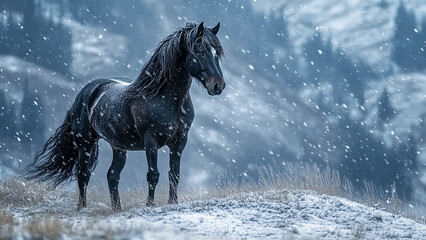 A Friesian horse standing on a snow-covered hill, with the wind blowing snow