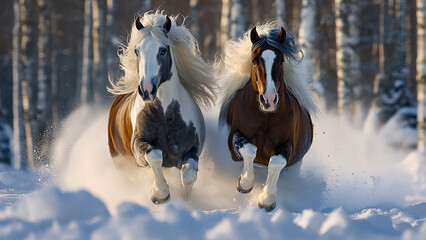 A pair of Gypsy Vanner horses running through the snow, their flowing manes and tails standing