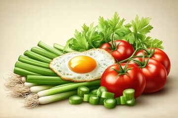 Fresh Ingredients Fried Egg, Tomatoes, Leeks and Celery