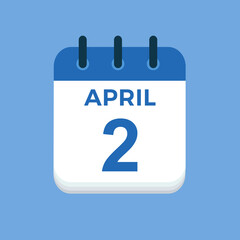 April 2 - calendar and Time planner. Daily Calendar Icon reminder. Vector Illustration.