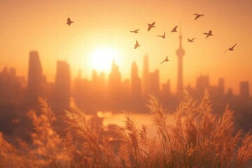 Fototapeta premium Golden Sunrise Cityscape with Birds in Flight