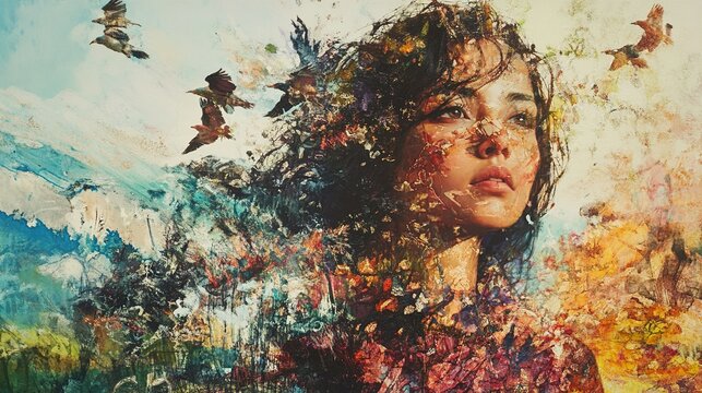 Abstract Woman Portrait with Birds and Nature