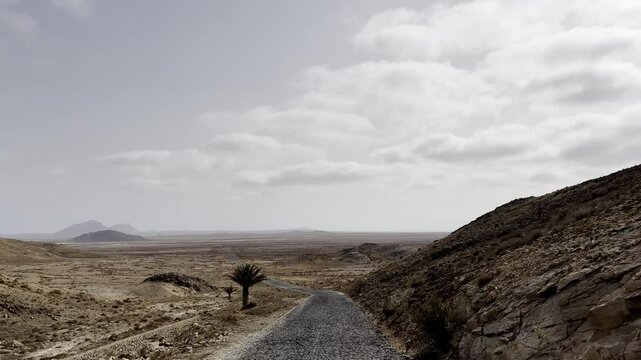 Static shot of Route 66 in Boa Vista, Cape Verde, with scenic volcanic landscape