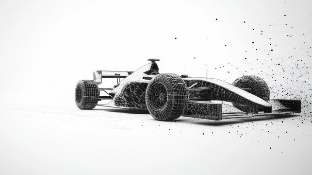 Sport bolid F1 low poly wireframe isolated black on white background. Abstract mash line and point origami. Vector illustration. High speed with geometry triangle. Light connection structure.