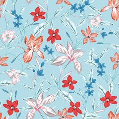 vector vintage flower seamless pattern on blue background