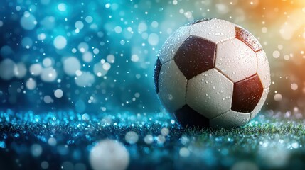 Fototapeta premium A wet soccer ball on grass, surrounded by a vibrant, blurred background with bokeh effects.