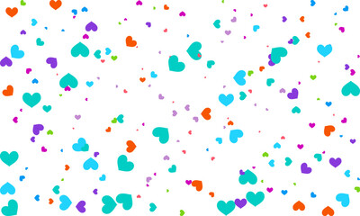 Heart Symbol on white background with spread confetti styel, Random colored heart shaped Spread confetti design. celebration template.