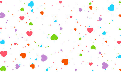 Heart Symbol on white background with spread confetti styel, Random colored heart shaped Spread confetti design. celebration template.