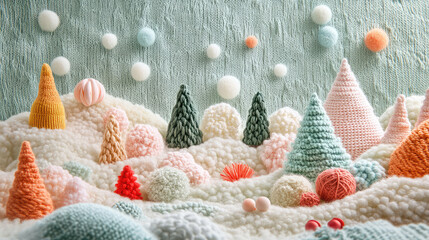 A knitted scene of a snowy landscape with trees and pom poms