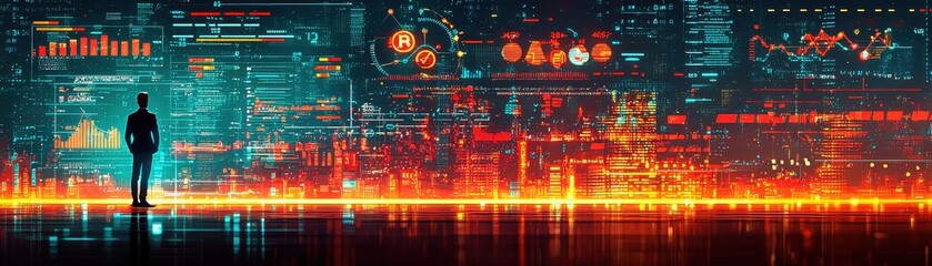 Silhouette of Business Person Against Digital Data Visualization Background