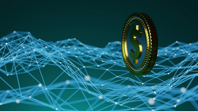 Golden coin with dollar symbol floating above a digital blue network grid on a dark background. Cryptocurrency and financial technology concept. Design for banner, poster, wallpaper, and header