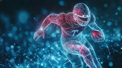 Hologram football. A holographic projection of a football player. Flickering energy flux of particles. The scientific design of the sport.