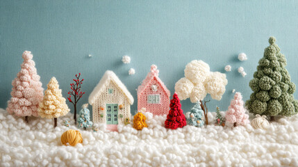 A colorful scene of a small town with houses and trees made of yarn