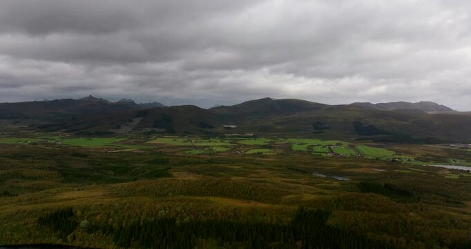 Cloudy Sky With Mountainous Terrain In The Countryside Of Sortland, Norway. Aerial Drone Shot