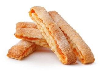 Sweet pastry sticks filled with fruity filling placed on a white background