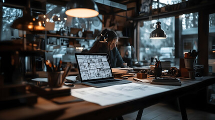 Architect's Workspace, Blueprint on Laptop, Design Sketches and Tools.  Creating innovative building plans diligently.