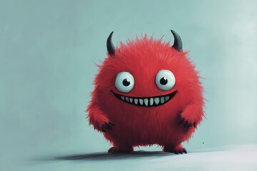 Fototapeta premium Little cute goofy red monster with little horns, fluffy hairy round creature cartoon design