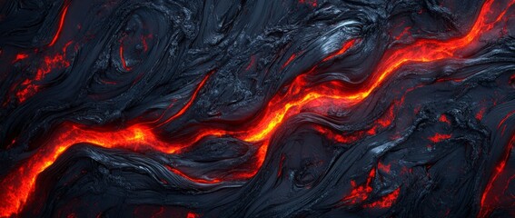Abstract lava background with red and black color swirls of liquid fire flowing on a dark rock surface.