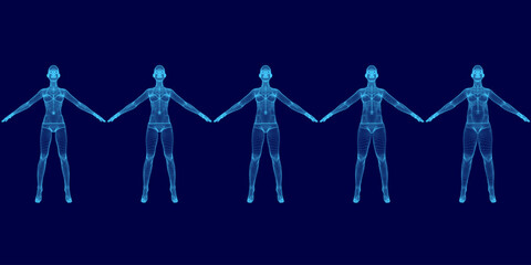 Group of people are standing in a line, with their arms outstretched. The image has a futuristic and technological feel to it. The girl is getting fat
