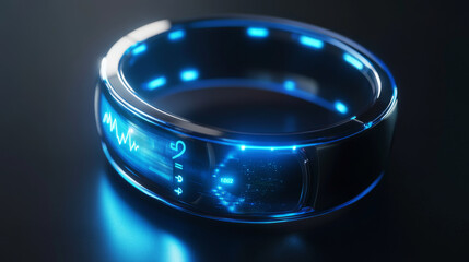 Hologram fitness bracelet. Holographic projection smart watch. Flickering energy flux of particles. Scientific health design.