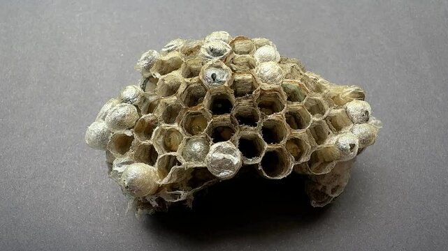 Closeup insect macro featuring fragile yellow-black striped vespid honeycomb entrance hornet hive Polistes dominula queen Paper wasp nest showcasing entomology animal nature iran forest house wildlife