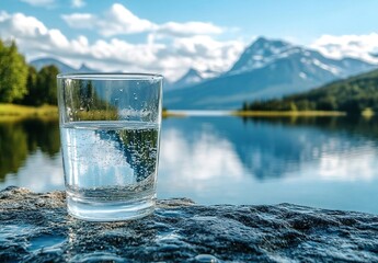 A glass of water on the edge of an outdoor lake with mountains in the background, Norway, on a summer day, captured with natural light, professional photography, sharp focus, and high resolution. 