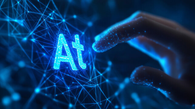 Human arm or hand or palm is touching At symbol. digital image of email or internet symbol. Low poly blue. Polygonal abstract technology  illustration. Digital vector illustration as a starry sky.