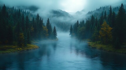 Misty River Flows Through Foggy Evergreen Forest