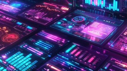 Futuristic interface displaying vibrant data visualizations and analytics.