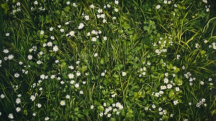 Obraz premium Vibrant Spring Meadow Photo: Delicate White Flowers Blooming Abundantly in Lush Green Grass. AI Generated