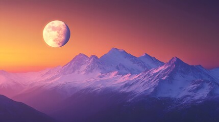 Majestic Moonlit Snowcapped Mountains at Sunset
