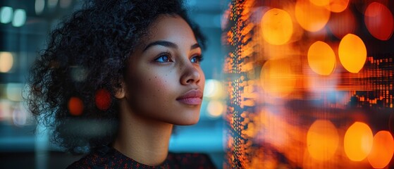 Thoughtful young woman gazing into digital data visualizations