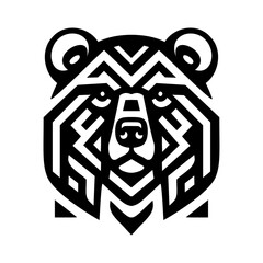 Vector logo or icon of a bear, a graphic design-inspired geometric pattern of lines, one color, simple shapes, symmetrical a frontal head view.
