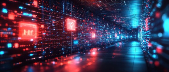 Futuristic Technology Corridor with Digital Data Streams and Lights