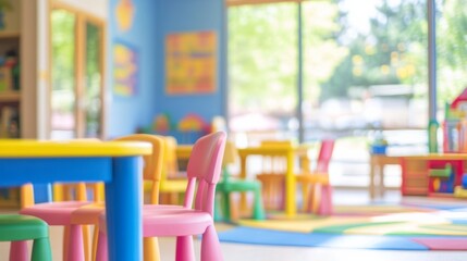 Cheerful and colorful children's playroom with bright blue Kindergarten classroom school background